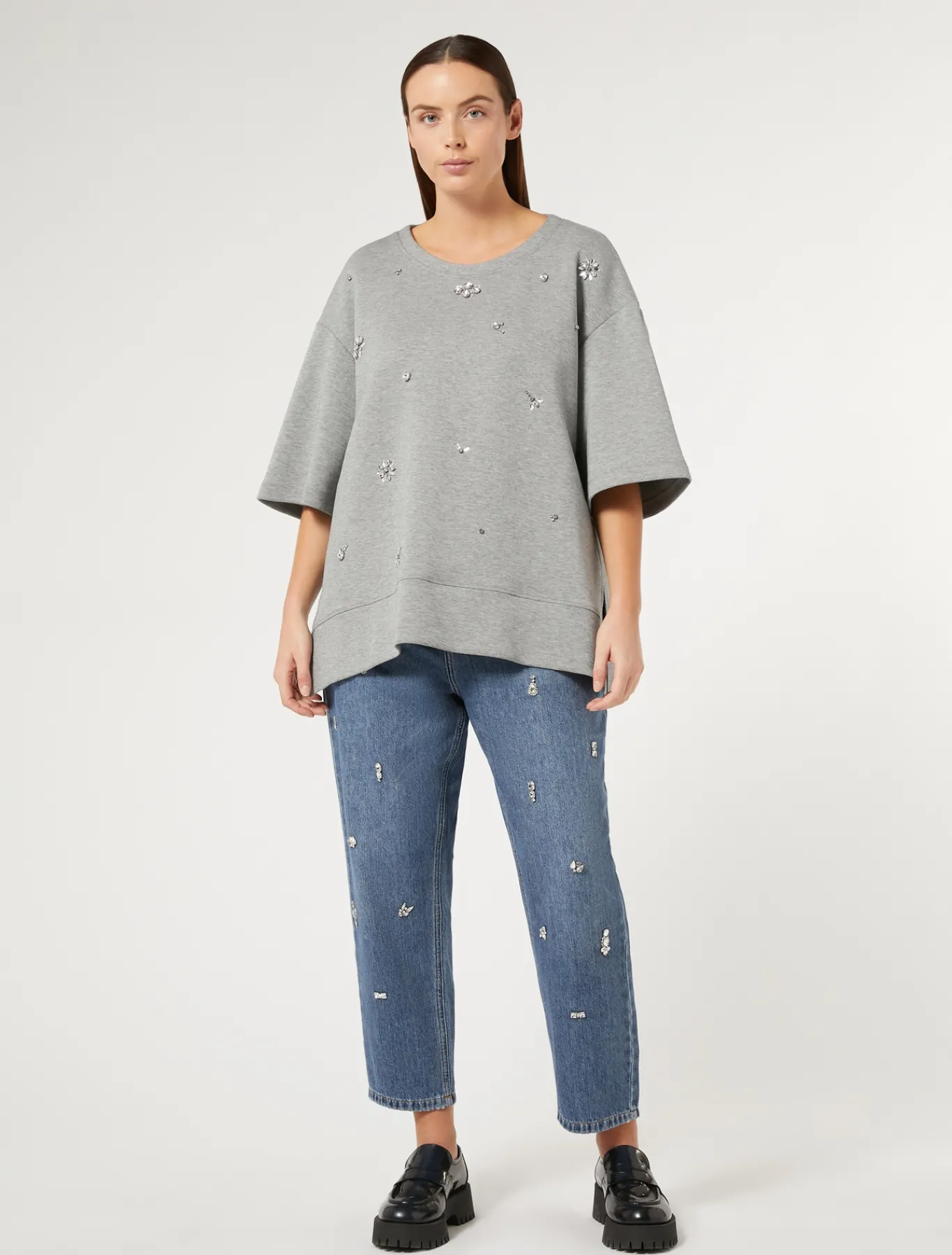 Marina Rinaldi Jean coupe masculine en denim brodé BLEU New