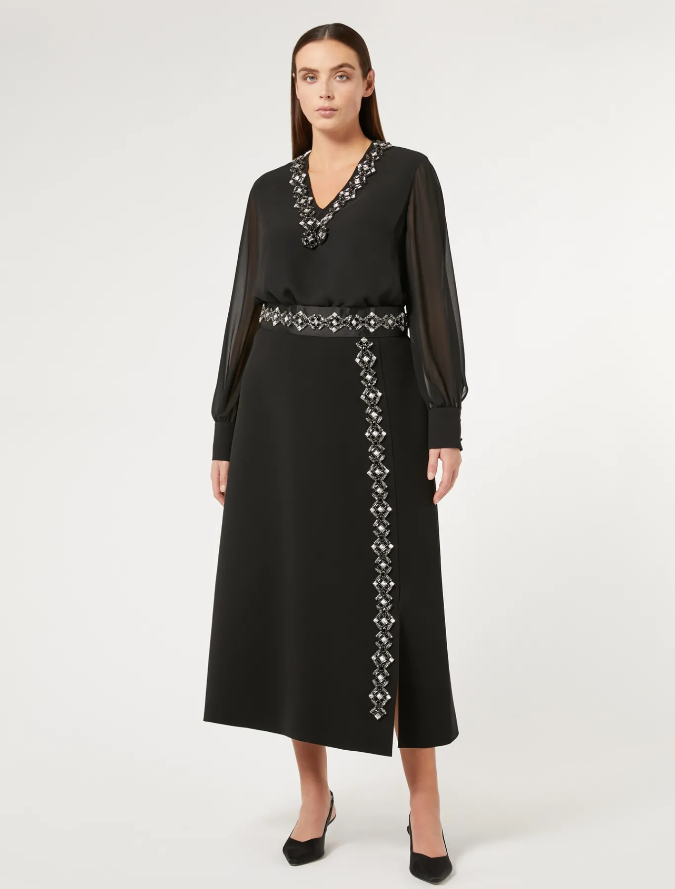 Marina Rinaldi Jupe longue en cady avec strass NOIR New