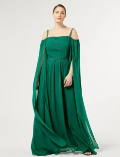 Marina Rinaldi Robe longue en georgette de soie VERT Fashion