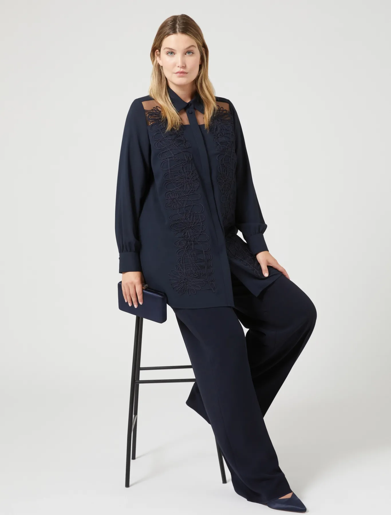 Marina Rinaldi Tunique en crêpe avec broderie BLEUNUIT Discount