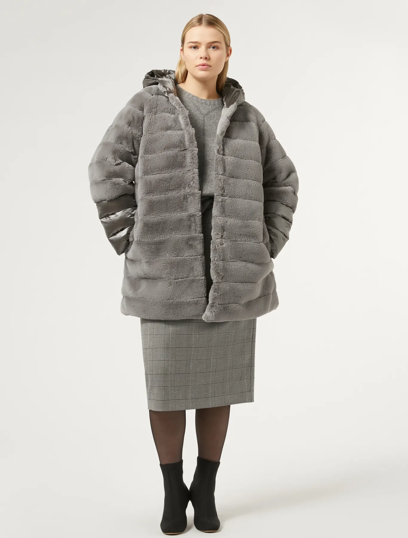 Marina Rinaldi Veste en tissu effet fourrure et toile de nylon GRISMOYEN Outlet